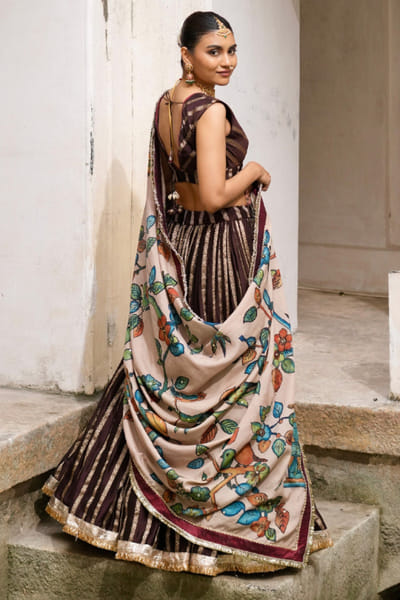 AAMRA BY LAVANYA Brown pitta embroidered kalamkari lehenga set AAMRJUL26D148769
