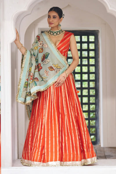 AAMRA BY LAVANYA Orange pitta embroidered kalamkari lehenga set AAMRJUL26D148770