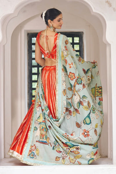 AAMRA BY LAVANYA Orange pitta embroidered kalamkari lehenga set AAMRJUL26D148770