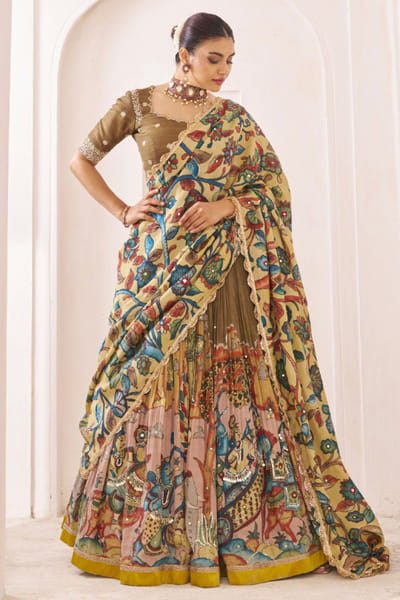 AAMRA BY LAVANYA Olive brown embroidered kalamkari lehenga set AAMRJUL26D148771