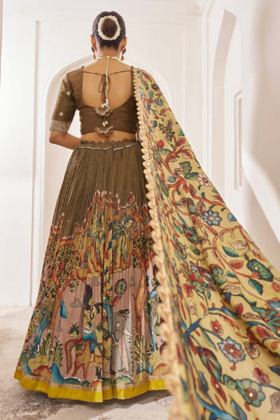 AAMRA BY LAVANYA Olive brown embroidered kalamkari lehenga set AAMRJUL26D148771