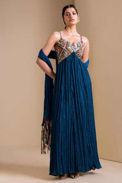 AAMRA BY LAVANYA Blue embroidered kamkari maxi dress AAMRJUN26D147251