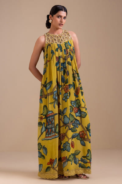AAMRA BY LAVANYA Ochre kalamkari embroidered maxi dress AAMRJUN26D147253