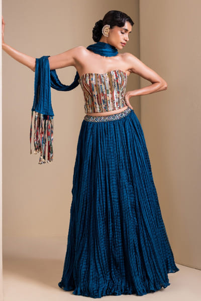 AAMRA BY LAVANYA Blue embroidered kalamkari lehenga set AAMRJUN26D147254