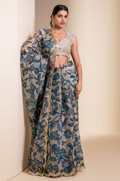 AAMRA BY LAVANYA Ivory embroidered kalamkari sari set AAMRJUN26D147272