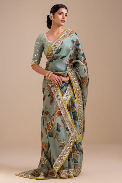 AAMRA BY LAVANYA Ice blue embroidered kalamkari sari set AAMRJUN26D147273