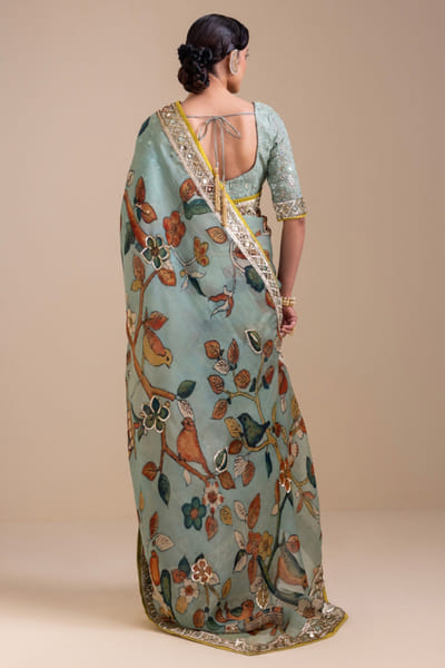 AAMRA BY LAVANYA Ice blue embroidered kalamkari sari set AAMRJUN26D147273