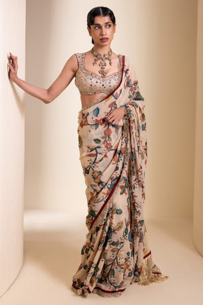 AAMRA BY LAVANYA Ivory mirror embroidered kalamkari sari set AAMRJUN26D147276