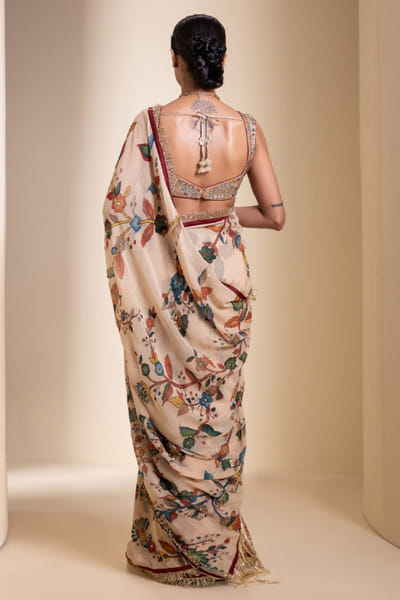 AAMRA BY LAVANYA Ivory mirror embroidered kalamkari sari set AAMRJUN26D147276