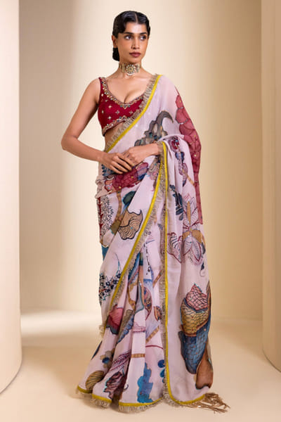 AAMRA BY LAVANYA Rose ivory embroidered kalamkari sari set AAMRJUN26D147277