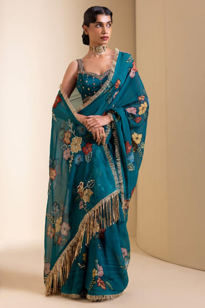 AAMRA BY LAVANYA Teal blue embroidered kalamkari sari set AAMRJUN26D147278