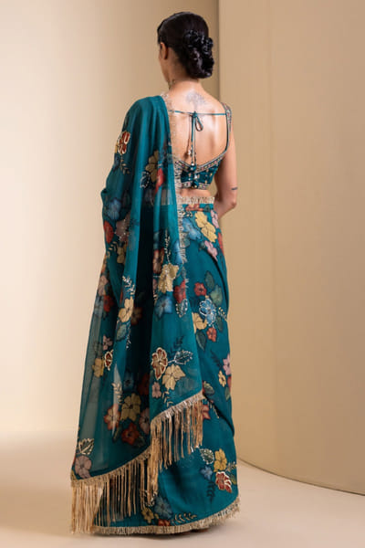 AAMRA BY LAVANYA Teal blue embroidered kalamkari sari set AAMRJUN26D147278