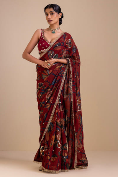 AAMRA BY LAVANYA Maroon embroidered kalamkari sari set AAMRJUN26D147279