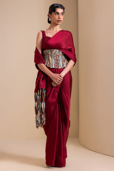 AAMRA BY LAVANYA Maroon embroidered kalamkari drape sari set AAMRJUN26D147266