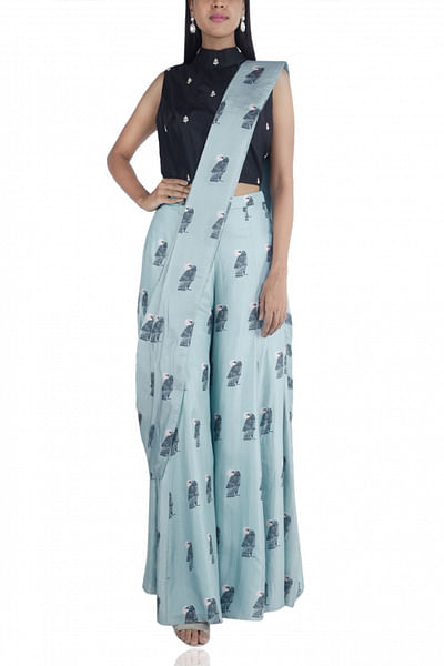 Printed pants with attached drape and crop-top