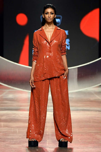 Red sequin embellished suit set