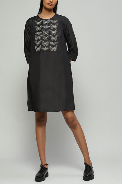 Black embroidered silk dress