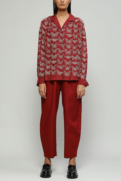 Red embroidered silk shirt
