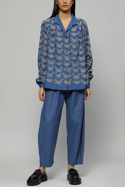 Blue embroidered silk shirt