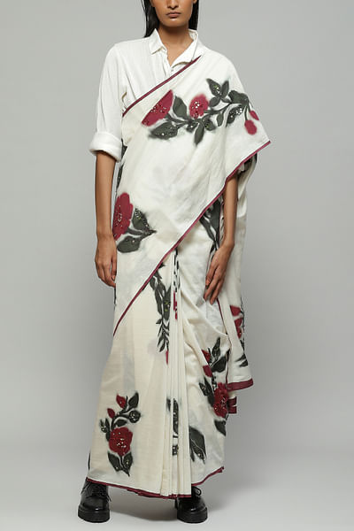 White printed cotton sari