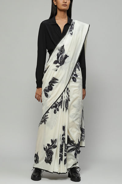 White printed tussar sari