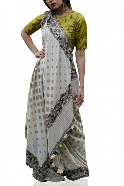 Beige embroidered jamdani sari