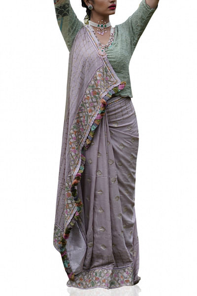 Lilac embroidered jamdani sari