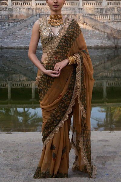 Rust kalamkari chiffon sari set