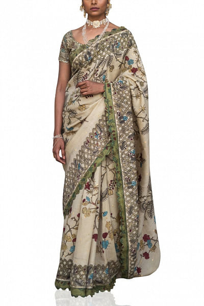 Beige kalamkari silk sari