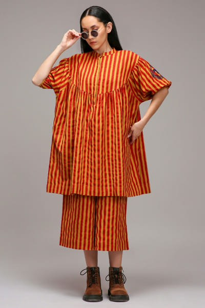 Tan brown stripe printed kaftan tunic