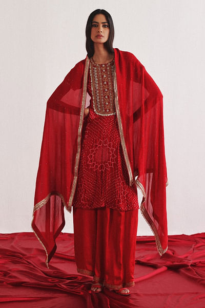 Red marodi work bandhani kurta set