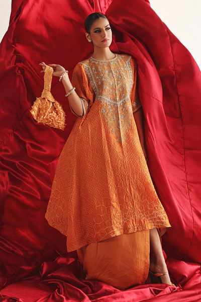 Apricot marodi bandhani kaftan kurta and skirt