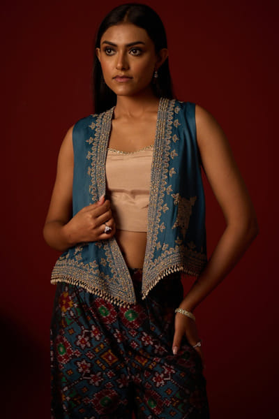 Teal marodi embroidered jacket set