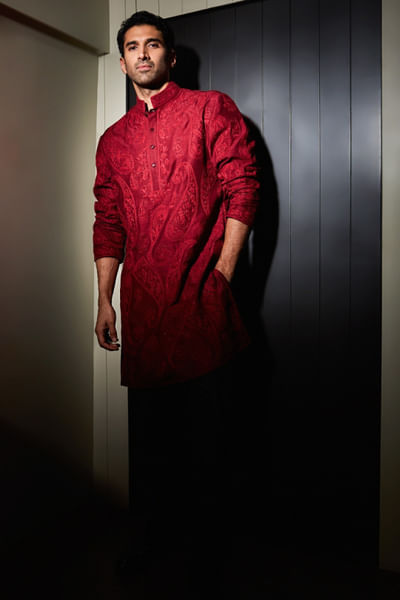 Red paisley embroidered linen kurta set