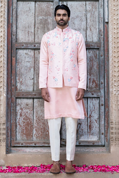 Powder pink floral embroidered bandi kurta set