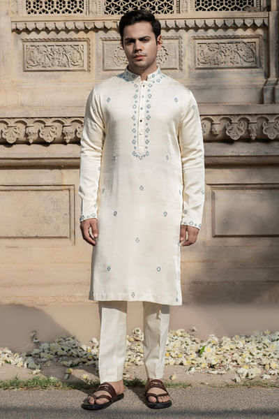 Ivory thread and bead embroidered kurta set