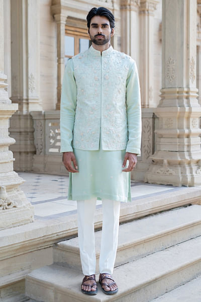 Pista green hand embroidered bandi kurta set