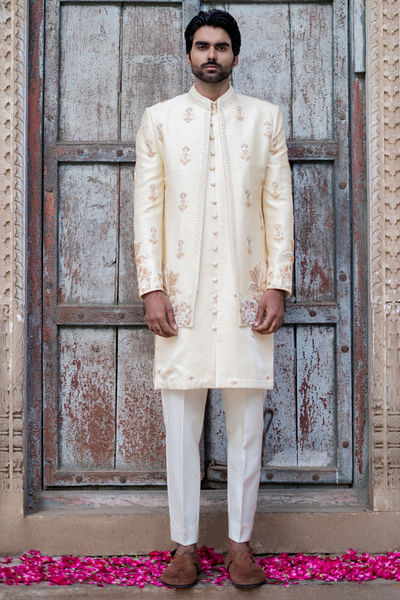 Pastel gold hand embroidered jacket kurta set