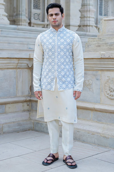 Powder blue embroidered bandi kurta set