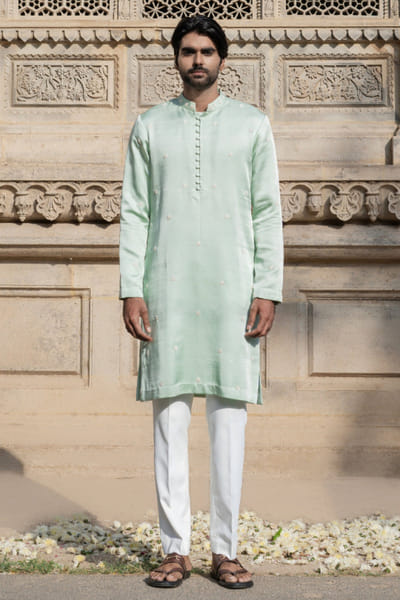 Pista green tonal hand embroidered kurta set