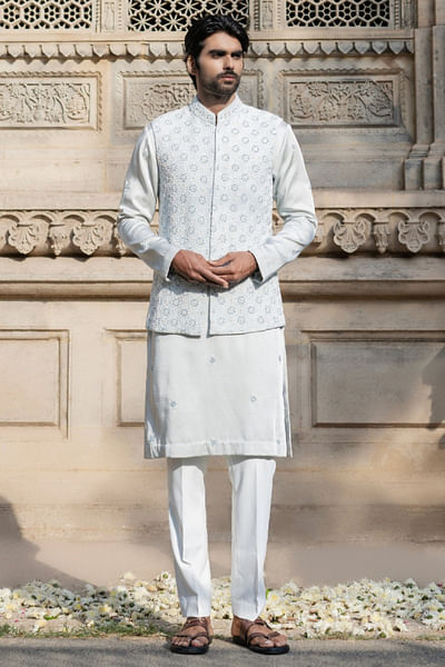 Powder blue hand embroidered bandi kurta set