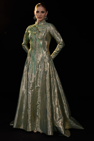 Metallic green embroidered cotton silk gown