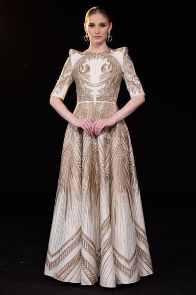Ivory and gold embroidered cotton silk gown