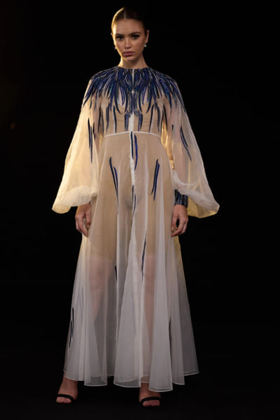 Ivory and blue bead embroidered kaftan