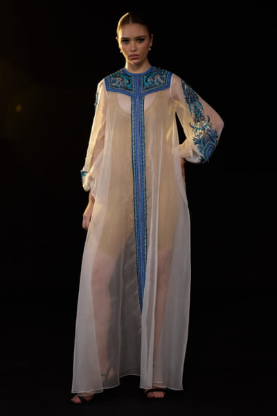 Ivory and blue embroidered kaftan