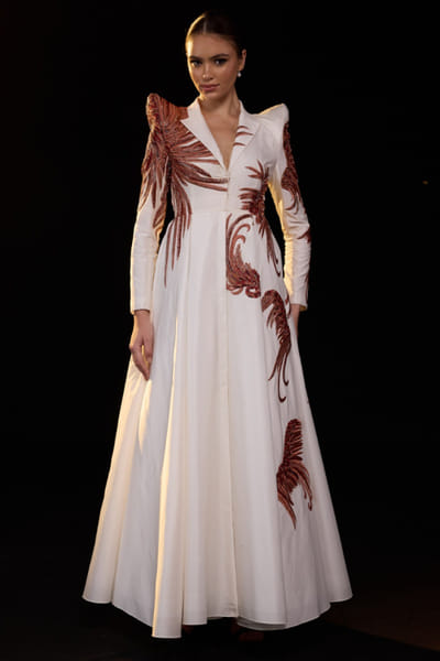 Ivory and rust embroidered gown