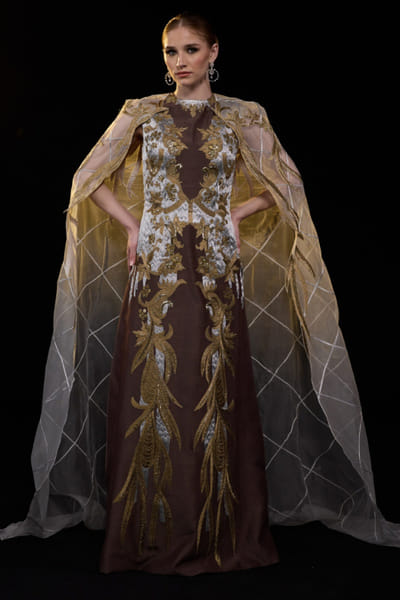 Brown botanical embroidered gown
