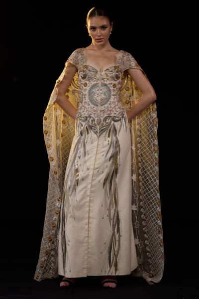 Off-white metallic embroidered gown