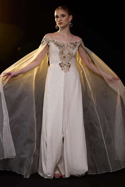 Off-white floral embroidered off-shoulder gown