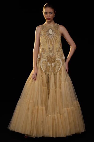 Gold embroidered tiered gown